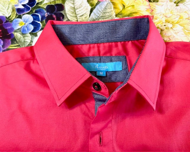 Red Solid Cotton-Stretch L/S Shirt