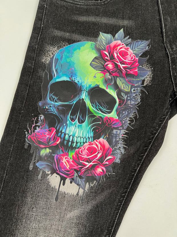 Skinny Denim with Skull print in black