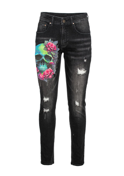 Skinny Denim with Skull print in black