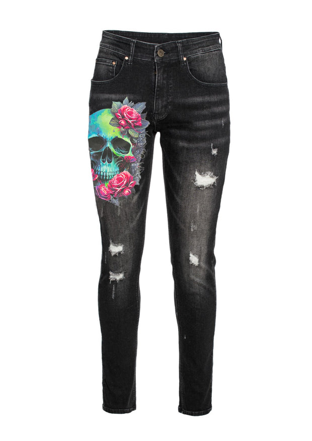 Skinny Denim with Skull print in black