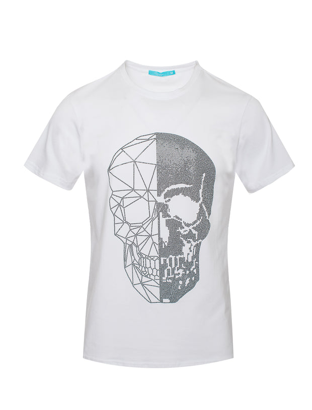 White T-Shirt with Skull Design and Black Crystals 1039
