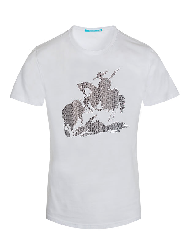 White T-Shirt Bull Fight, Horse with Black Crystals 1042