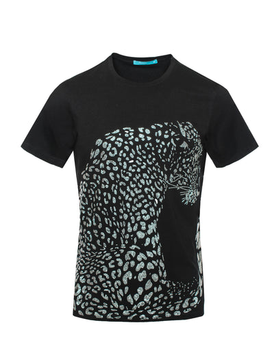 Black Crystal Leopard Crewneck Neck  T-Shirt 1045