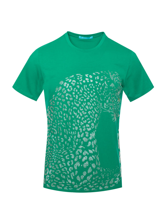 Emerald Crystal Leopard Crewneck Neck  T-Shirt 1045