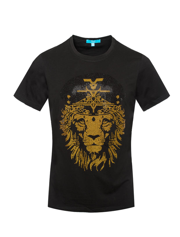 Black T-Shirt with Gold Crystal Lion 1051