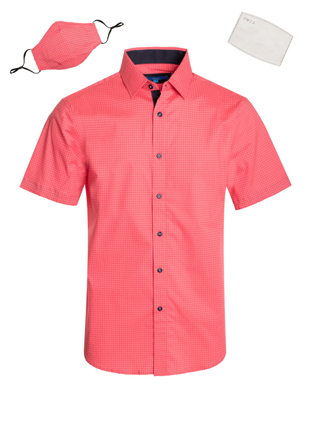 Coral Cotton Geometric Pattern Shirt with Matching Mask 3040