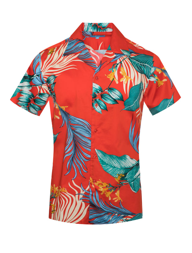 Tropical Print Cotton Stretch Shirt, in Coral