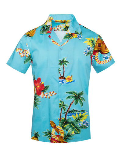 Tropical Print Cotton Stretch Shirt in Turquoise