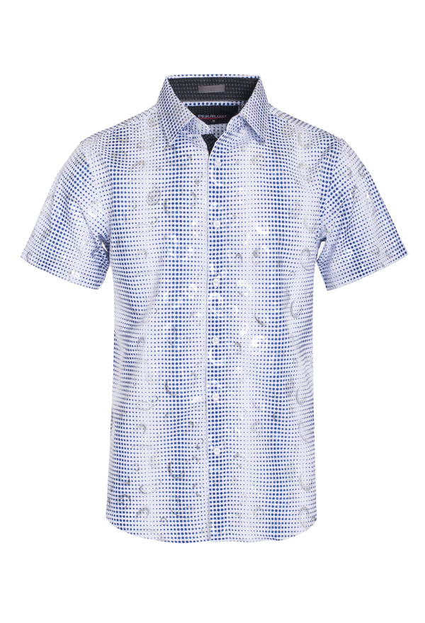 Men's White Geometric Stretch Short-Sleeve Shirt 