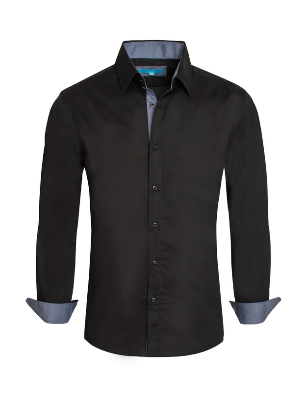 Black Solid Cotton-Stretch L/S Shirt (4020)