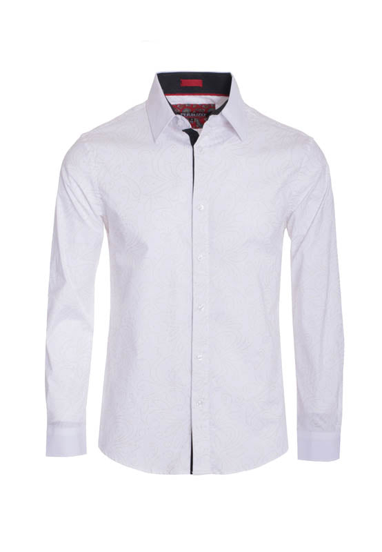 Men's White Floral Outline Printed Long Sleeve Shirt