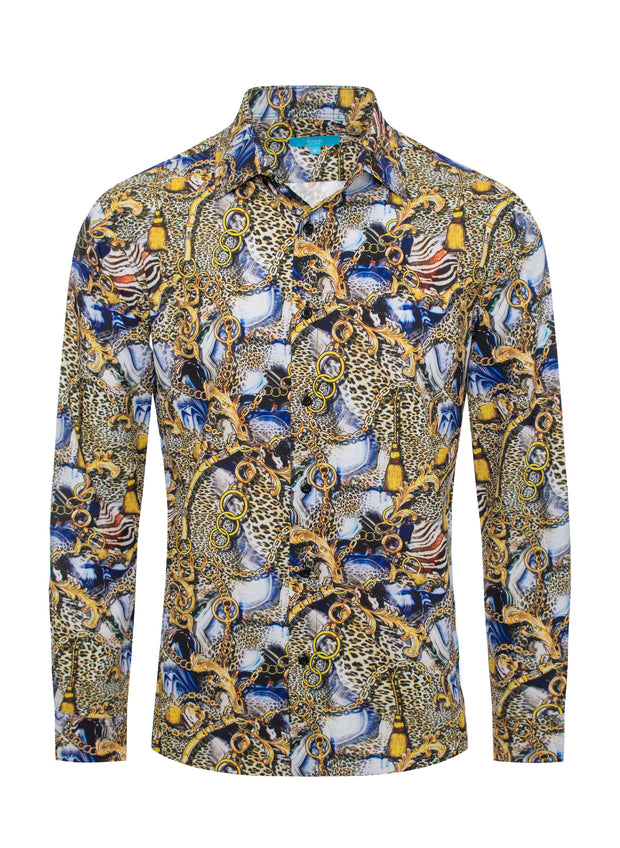Long Sleeve leoperd print  Shirt Azul & Gold 4409
