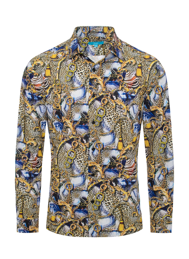 Long Sleeve print  Shirt Azul w/ Gold 4409