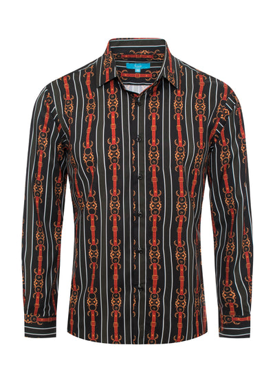 Red and Gold Printed Design Black L/S Shirt 4416
