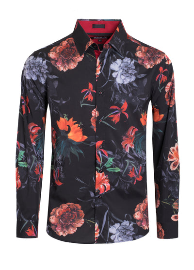 Black Floral Cotton-Stretch L/S Shirt Men