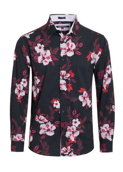 Black Tropical Print Cotton-Stretch L/S Shirt Men