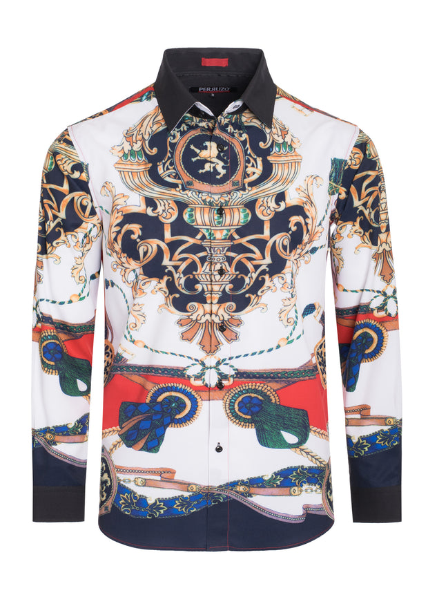 White Digital Printed Design Stretch L/S Shirt (4837)