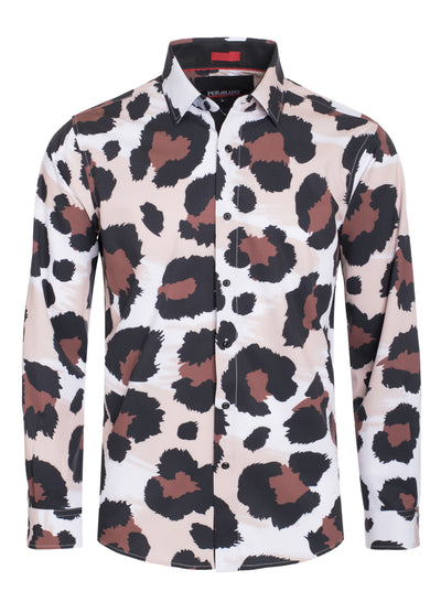 Brown Cheetah Digital Printed Design Stretch L/S Shirt (4847)