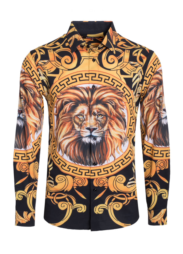 Lion Luxury Print Design Cotton-Stretch L/S Shirt
