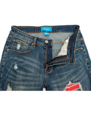 PX Indigo denim , quilted red patches