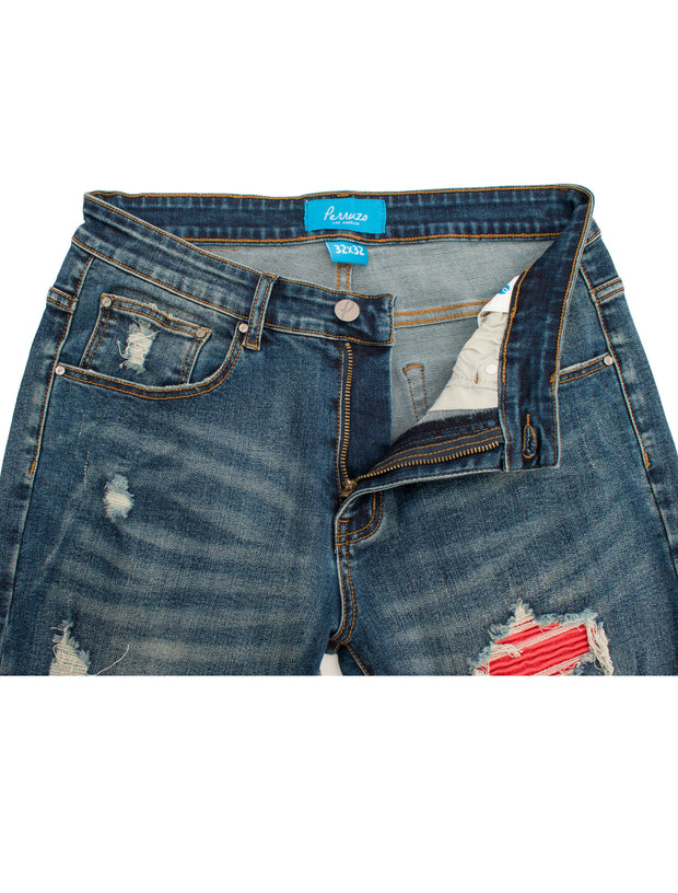 PX Indigo denim , quilted red patches