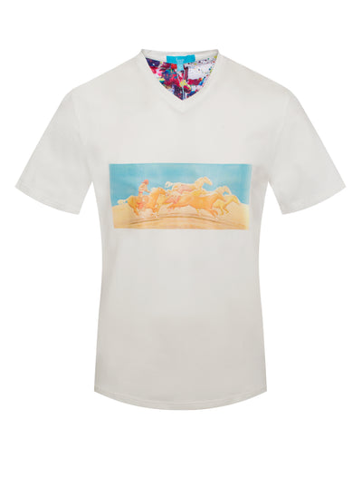 White T-Shirt with Galoping Horses Motif (A1001)