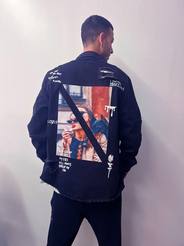 Men's Jean jacket with graphics, Black M4000
