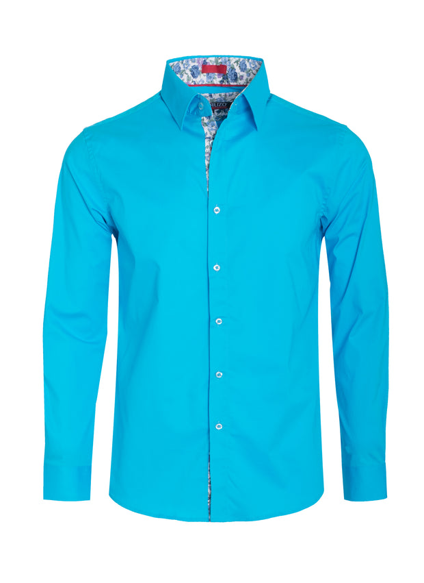 Men's Turquoise Solid Cotton-Stretch Long Sleeve Shirt