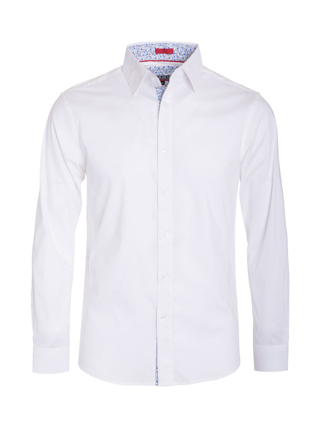 Men's White Solid Cotton-Stretch Long Sleeve Shirt